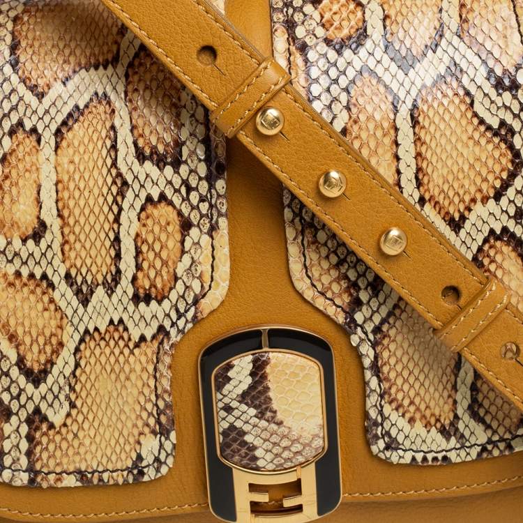 Pre Owned Fendi Mustard/Brown Python And Leather Silvana Top Handle Bag