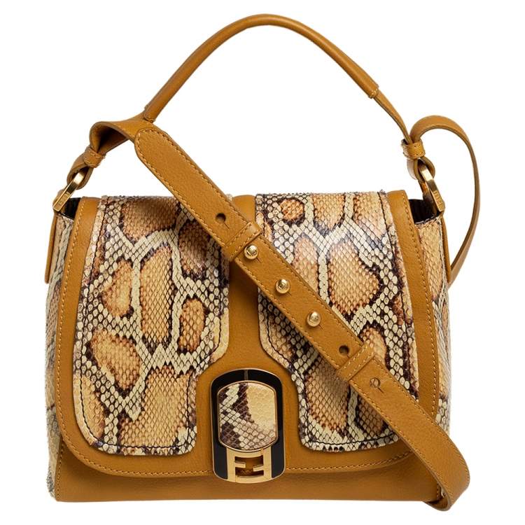 Pre Owned Fendi Mustard/Brown Python And Leather Silvana Top Handle Bag
