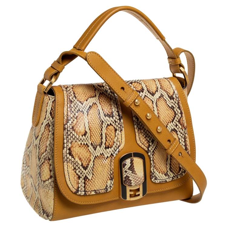 Pre Owned Fendi Mustard/Brown Python And Leather Silvana Top Handle Bag
