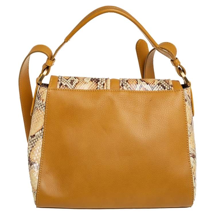 Pre Owned Fendi Mustard/Brown Python And Leather Silvana Top Handle Bag