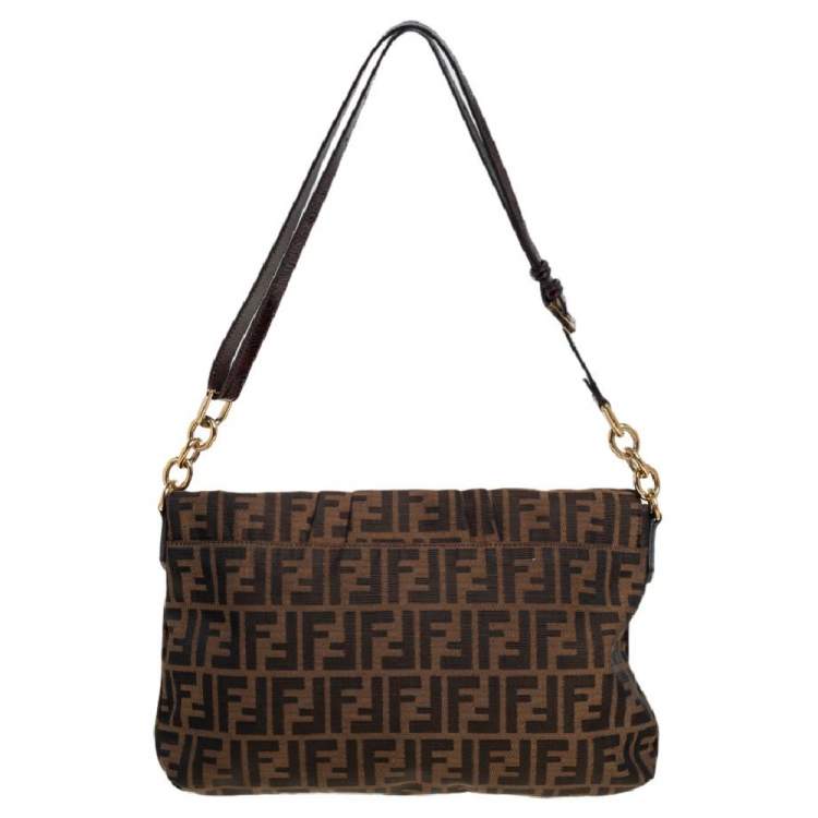 Pre Owned Fendi Tobacco Zucca Canvas and Patent Leather Mia Flap Bag
