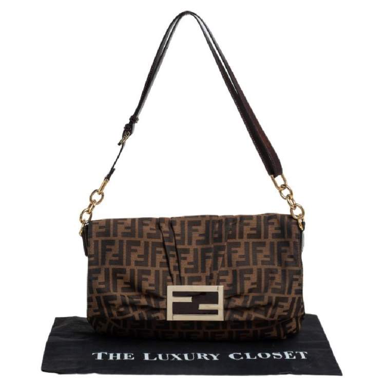 Pre Owned Fendi Tobacco Zucca Canvas and Patent Leather Mia Flap Bag