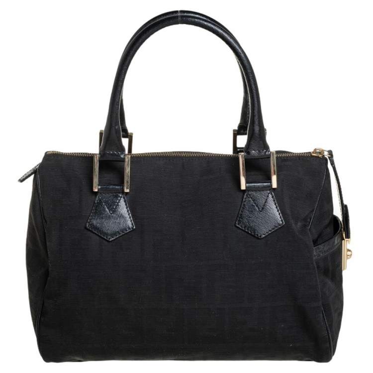 Pre Owned Fendi Black Zucca Canvas and Leather Medium Chef Boston Bag