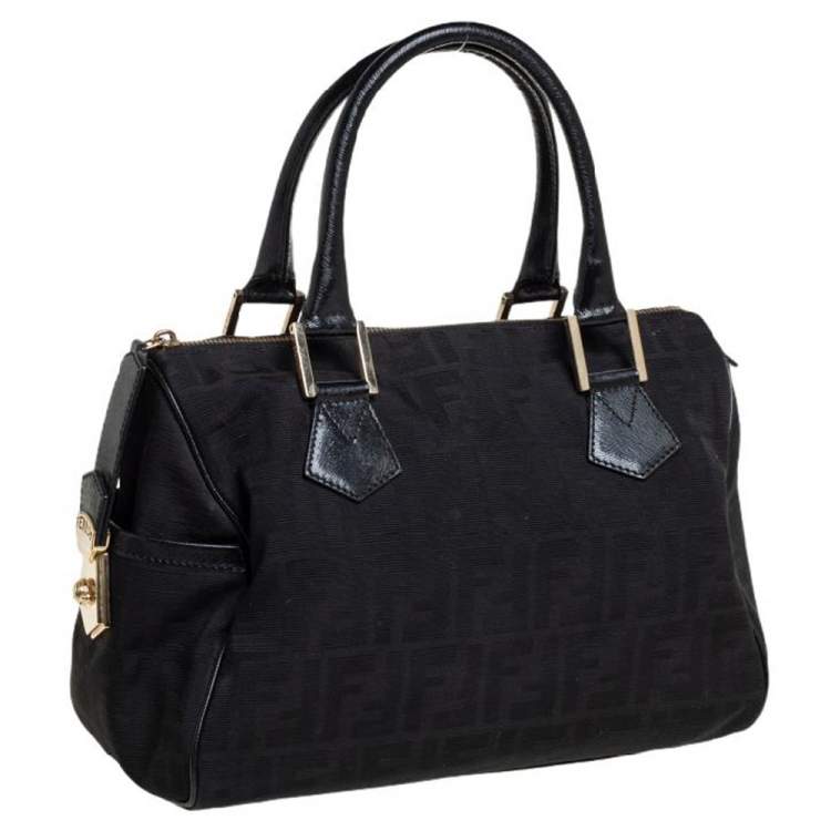 Pre Owned Fendi Black Zucca Canvas and Leather Medium Chef Boston Bag