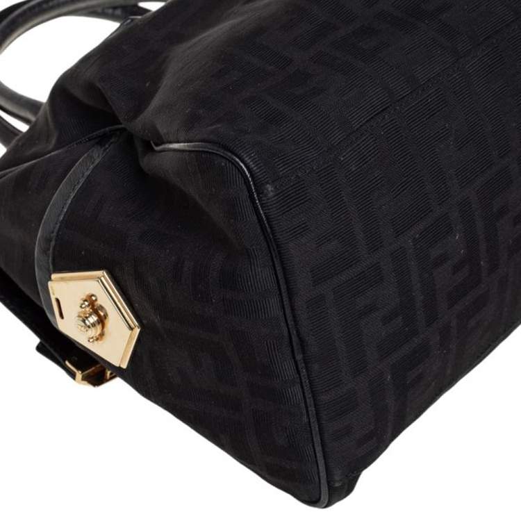 Pre Owned Fendi Black Zucca Canvas and Leather Medium Chef Boston Bag