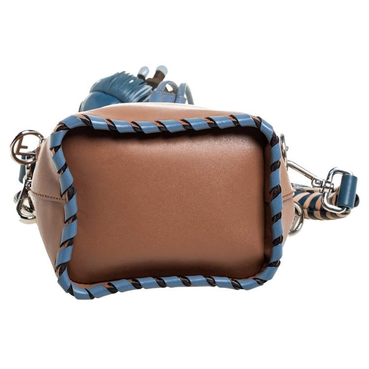 Pre Owned Fendi Tan/Blue Leather Mini Mon Tresor Drawstring Bucket Bag