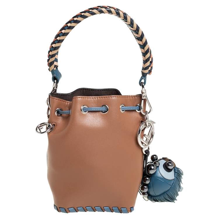 Pre Owned Fendi Tan/Blue Leather Mini Mon Tresor Drawstring Bucket Bag