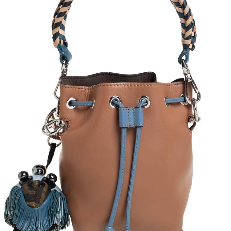 Pre Owned Fendi Tan/Blue Leather Mini Mon Tresor Drawstring Bucket Bag