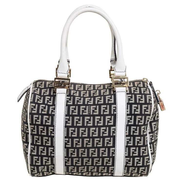 Pre Owned Fendi Black/White Canvas And Leather Forever Bauletto Boston Bag