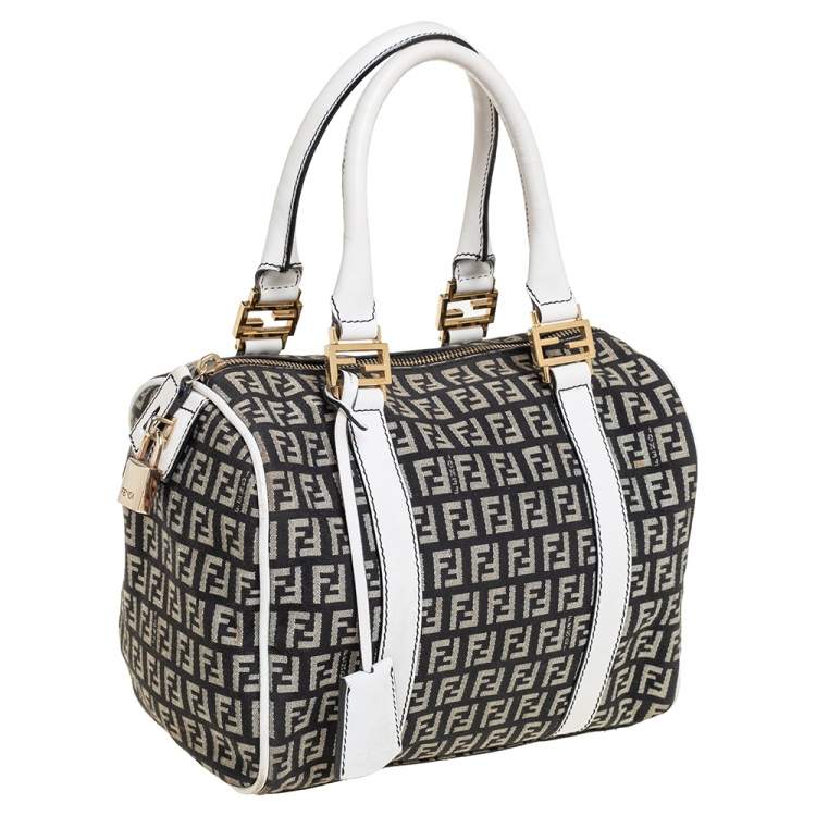 Pre Owned Fendi Black/White Canvas And Leather Forever Bauletto Boston Bag