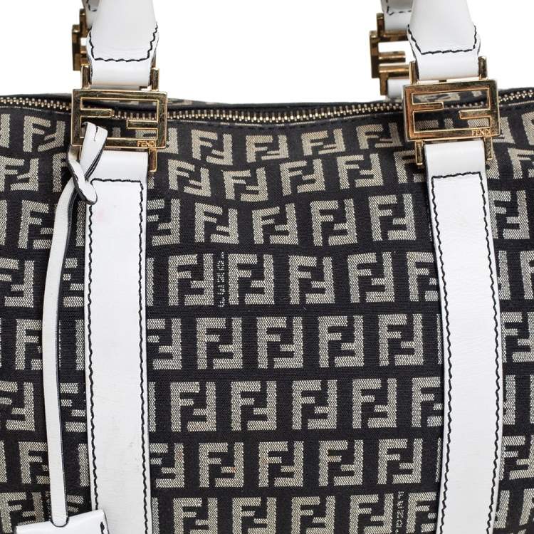 Pre Owned Fendi Black/White Canvas And Leather Forever Bauletto Boston Bag