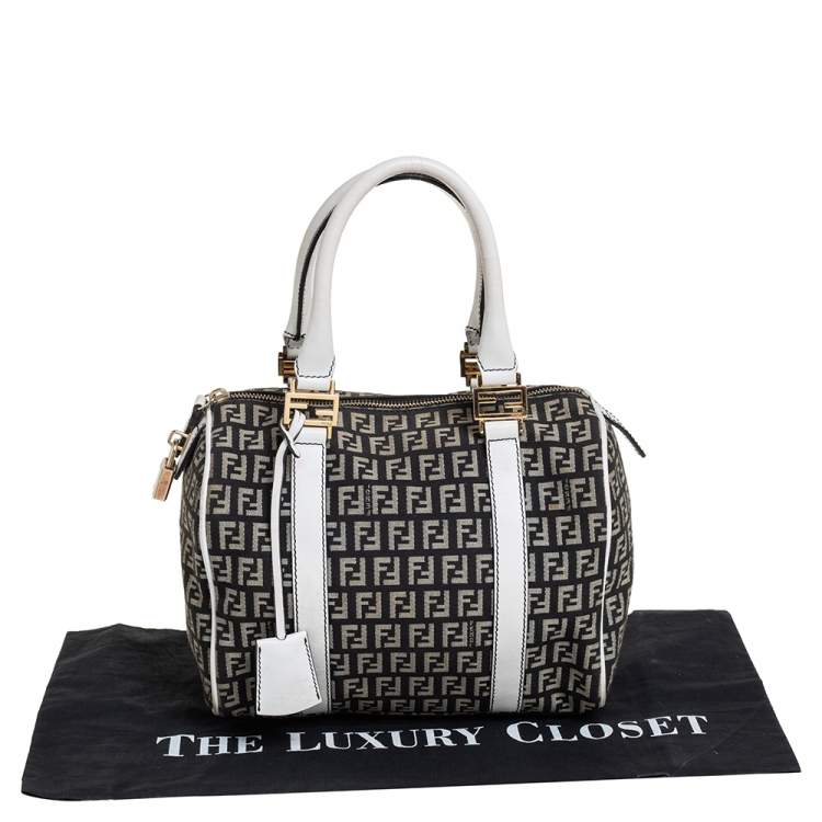 Pre Owned Fendi Black/White Canvas And Leather Forever Bauletto Boston Bag