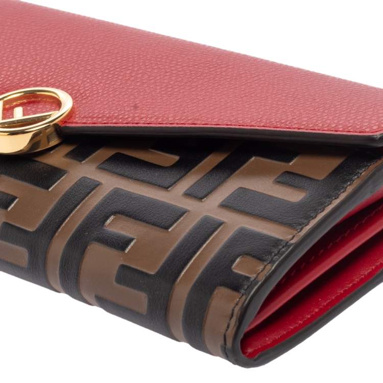 Pre Owned Fendi Red/Brown Zucca Leather F is Fendi Continental Wallet