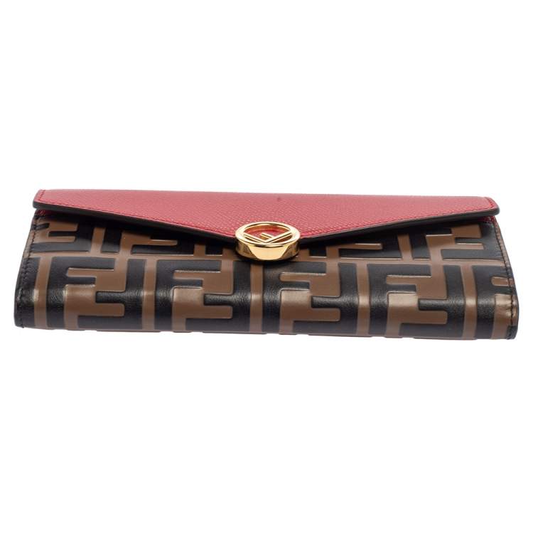 Pre Owned Fendi Red/Brown Zucca Leather F is Fendi Continental Wallet