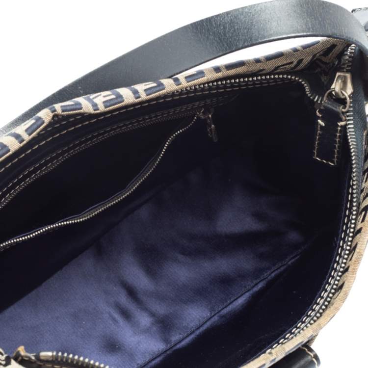 Pre Owned Fendi Navy Blue/Grey Zuchinno Canvas and Leather FF Zip Shoulder Bag