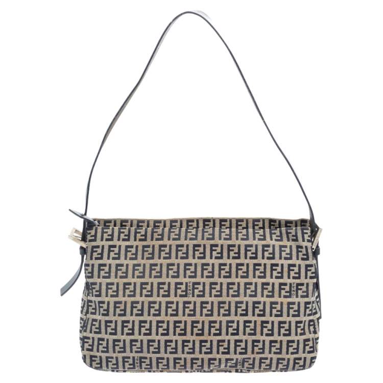 Pre Owned Fendi Navy Blue/Grey Zuchinno Canvas and Leather FF Zip Shoulder Bag
