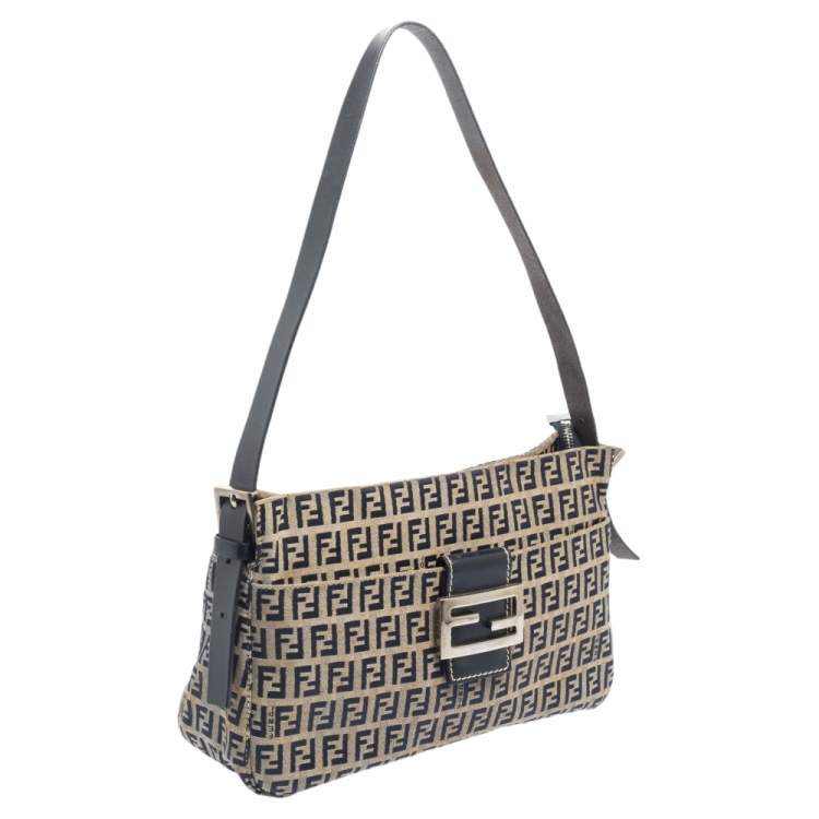 Pre Owned Fendi Navy Blue/Grey Zuchinno Canvas and Leather FF Zip Shoulder Bag