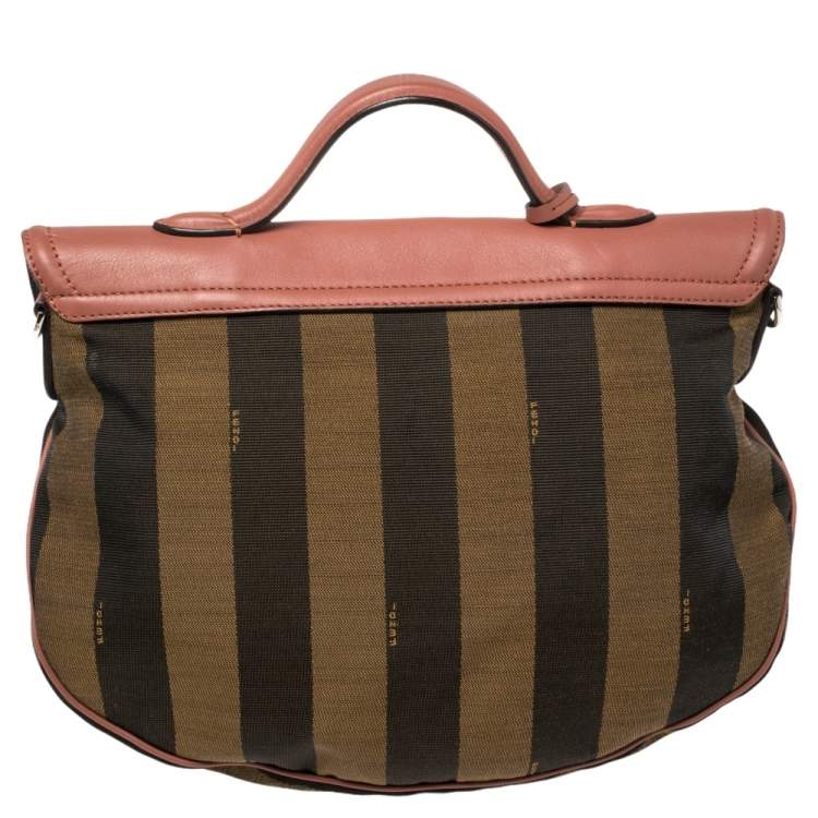 Pre Owned Fendi Pink/Tobacco Pequin Canvas and Leather Medium Top Handle Bag