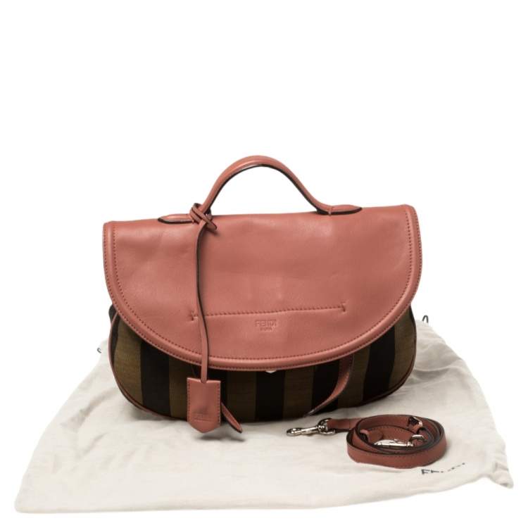 Pre Owned Fendi Pink/Tobacco Pequin Canvas and Leather Medium Top Handle Bag