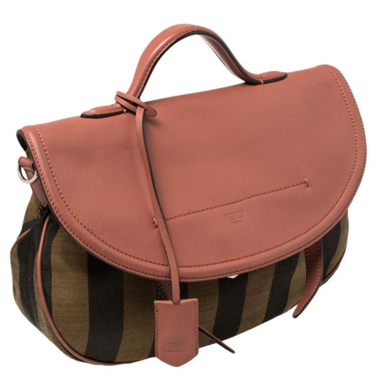 Pre Owned Fendi Pink/Tobacco Pequin Canvas and Leather Medium Top Handle Bag