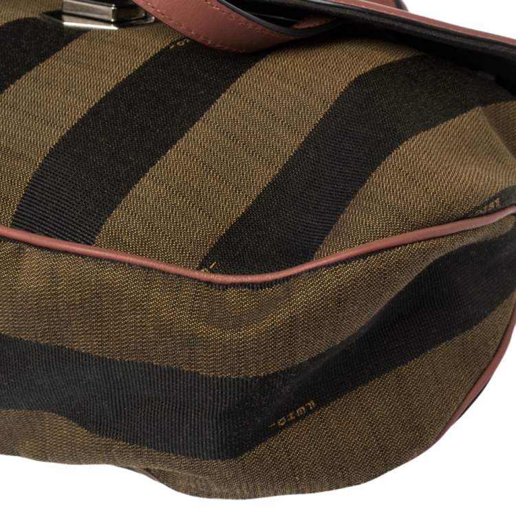 Pre Owned Fendi Pink/Tobacco Pequin Canvas and Leather Medium Top Handle Bag