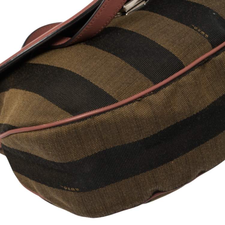 Pre Owned Fendi Pink/Tobacco Pequin Canvas and Leather Medium Top Handle Bag