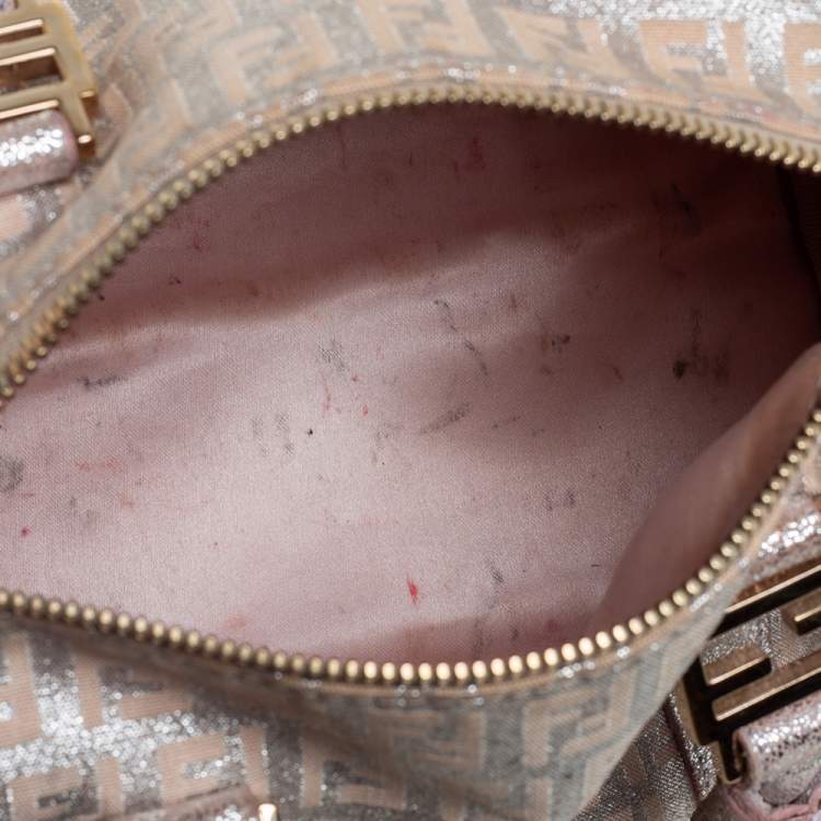 Pre Owned Fendi Beige/Pink Zucchino Shimmer Canvas Mini Forever Bauletto Bag