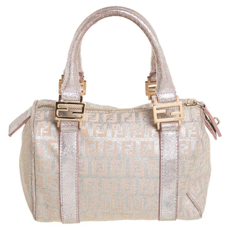 Pre Owned Fendi Beige/Pink Zucchino Shimmer Canvas Mini Forever Bauletto Bag