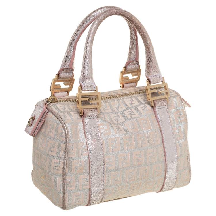 Pre Owned Fendi Beige/Pink Zucchino Shimmer Canvas Mini Forever Bauletto Bag