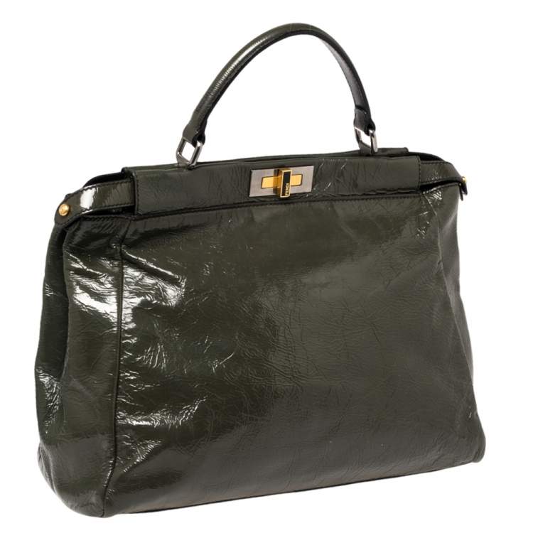Pre Owned Fendi Dark Grey Crinkled Patent Leather Large Peekaboo Top Handle Bag