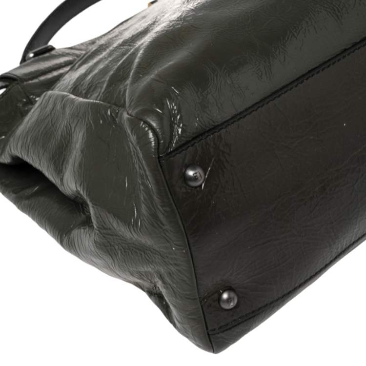 Pre Owned Fendi Dark Grey Crinkled Patent Leather Large Peekaboo Top Handle Bag