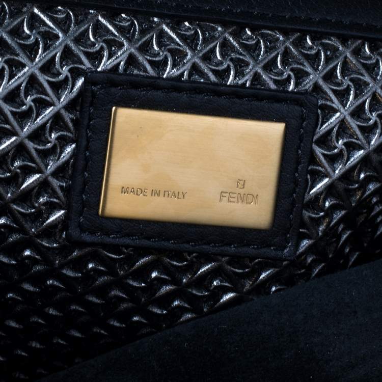 Pre Owned Fendi Dark Grey Crinkled Patent Leather Large Peekaboo Top Handle Bag