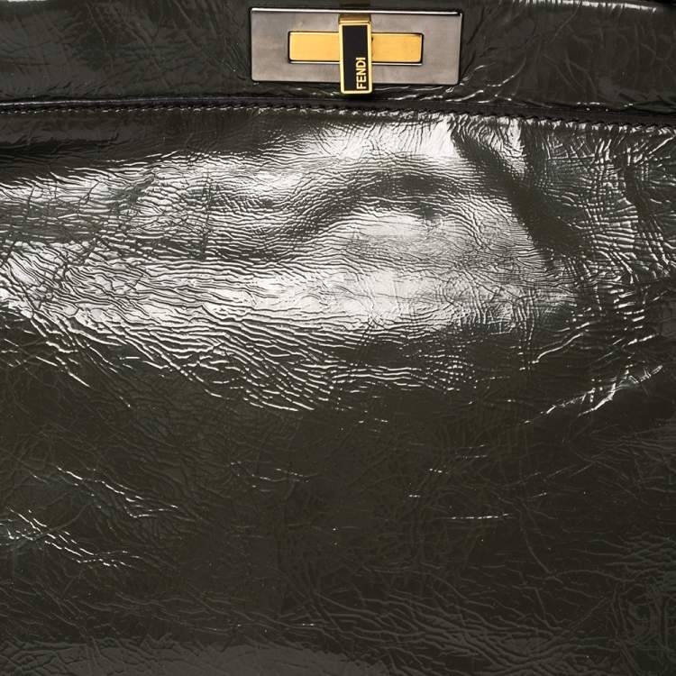 Pre Owned Fendi Dark Grey Crinkled Patent Leather Large Peekaboo Top Handle Bag