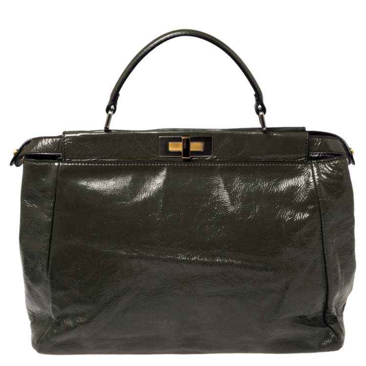 Pre Owned Fendi Dark Grey Crinkled Patent Leather Large Peekaboo Top Handle Bag