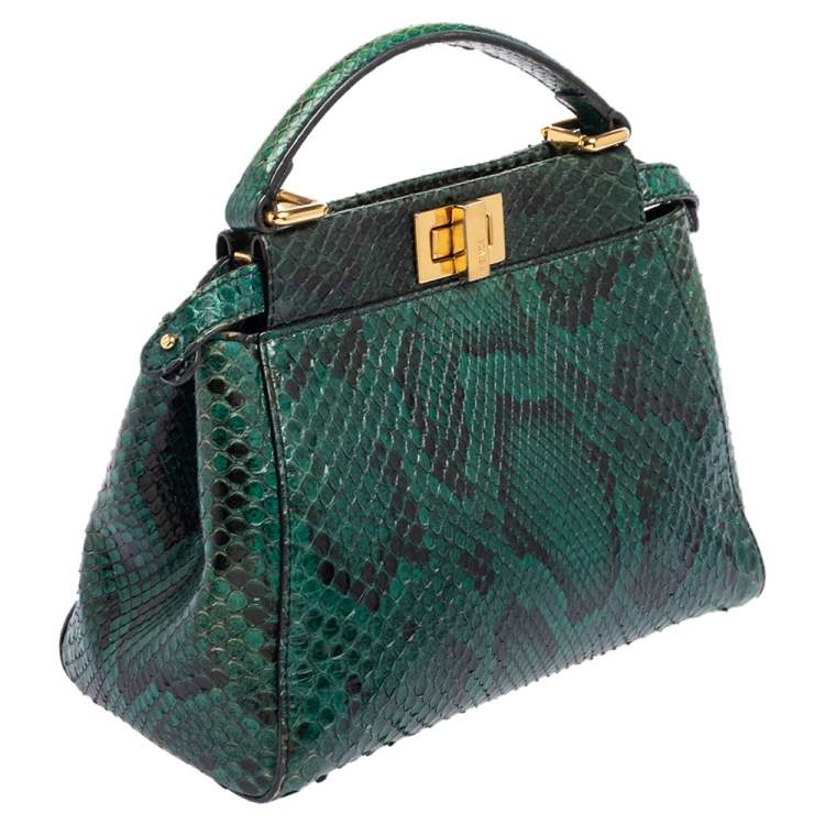 Pre Owned Fendi Green Python Mini Peekaboo Top Handle Bag