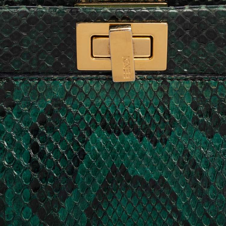 Pre Owned Fendi Green Python Mini Peekaboo Top Handle Bag