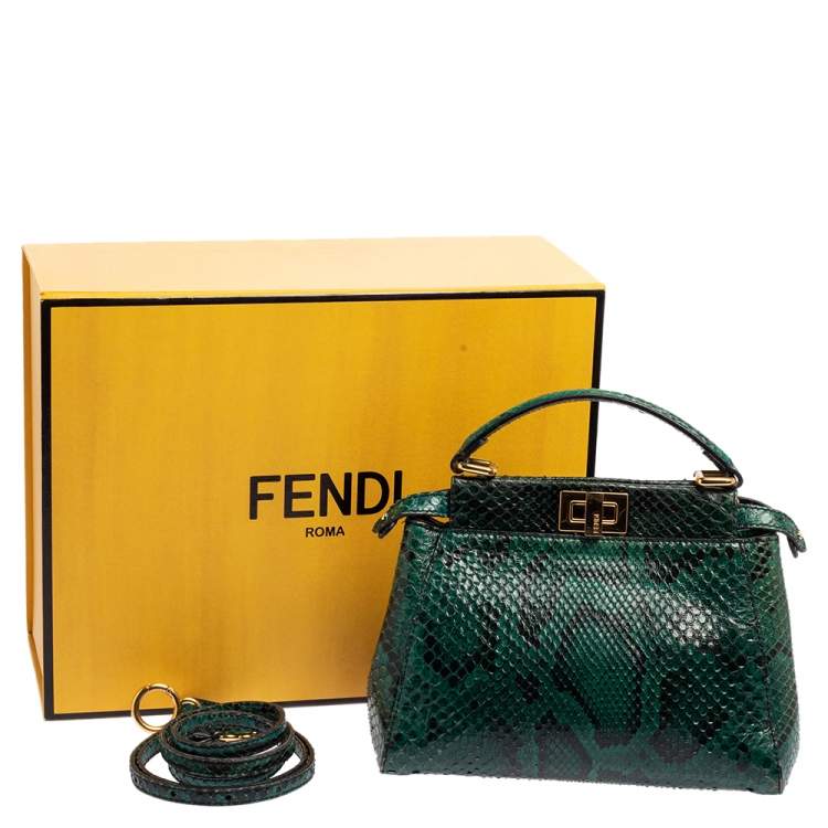 Pre Owned Fendi Green Python Mini Peekaboo Top Handle Bag