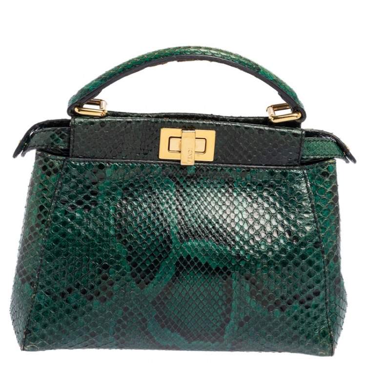 Pre Owned Fendi Green Python Mini Peekaboo Top Handle Bag