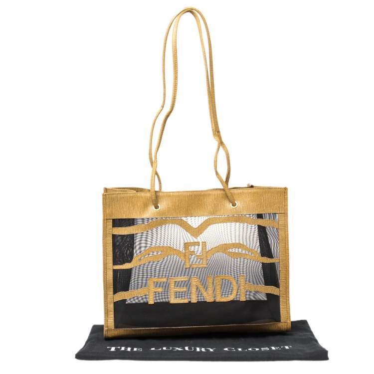 Pre Owned Fendi Black/Mustard Mesh and Coated Canvas FF Logo Tote