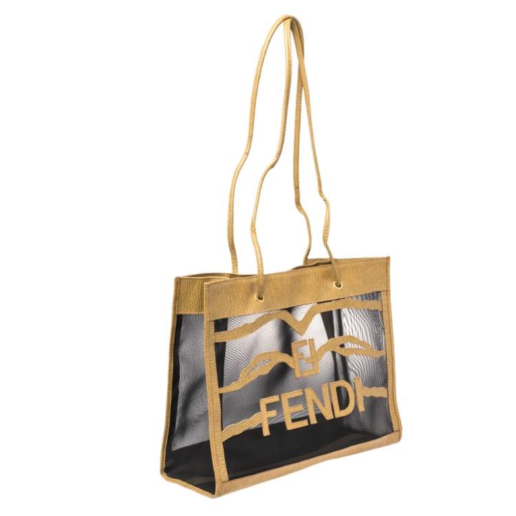 Pre Owned Fendi Black/Mustard Mesh and Coated Canvas FF Logo Tote