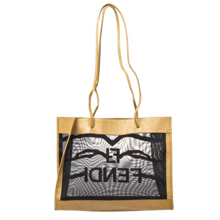 Pre Owned Fendi Black/Mustard Mesh and Coated Canvas FF Logo Tote