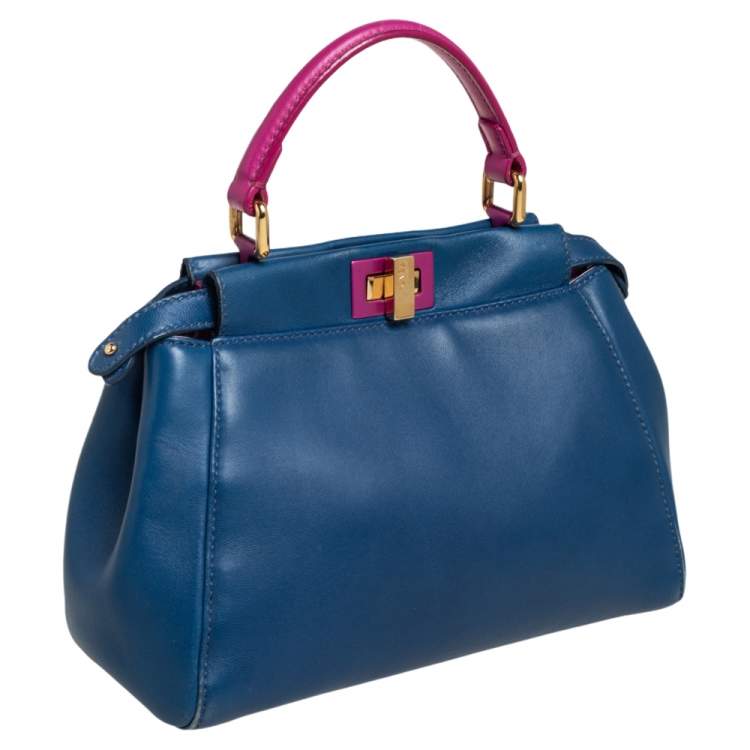Pre Owned Fendi Blue/Pink Leather Mini Peekaboo Top Handle Bag