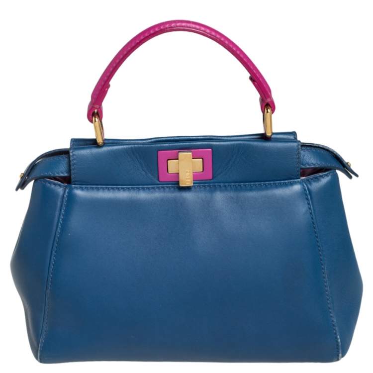 Pre Owned Fendi Blue/Pink Leather Mini Peekaboo Top Handle Bag