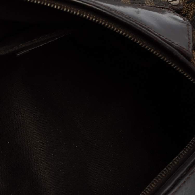 Pre Owned Fendi Brown Zucca Canvas And Tortoise Patent Leather Boston Bag