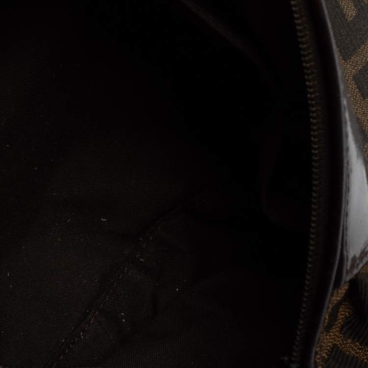 Pre Owned Fendi Brown Zucca Canvas And Tortoise Patent Leather Boston Bag