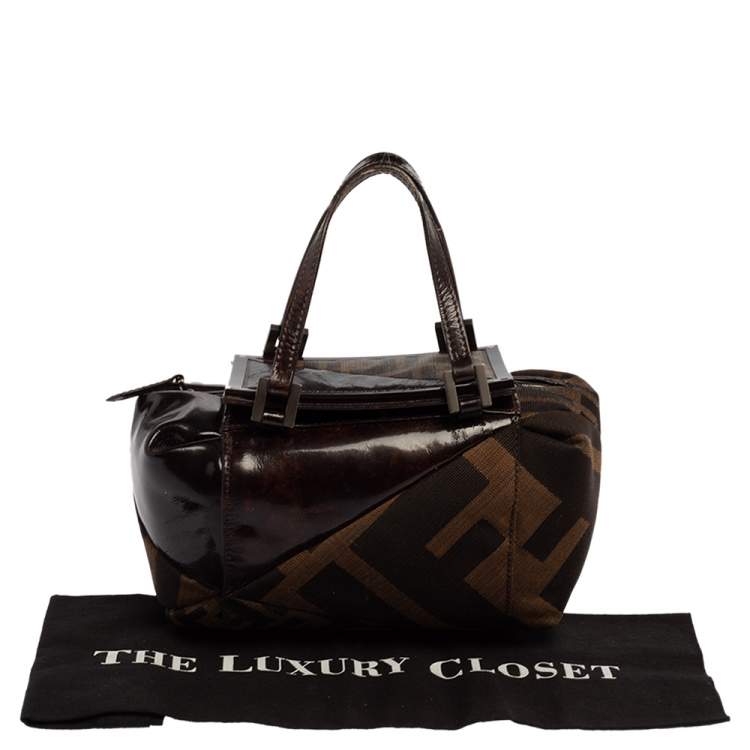 Pre Owned Fendi Brown Zucca Canvas And Tortoise Patent Leather Boston Bag