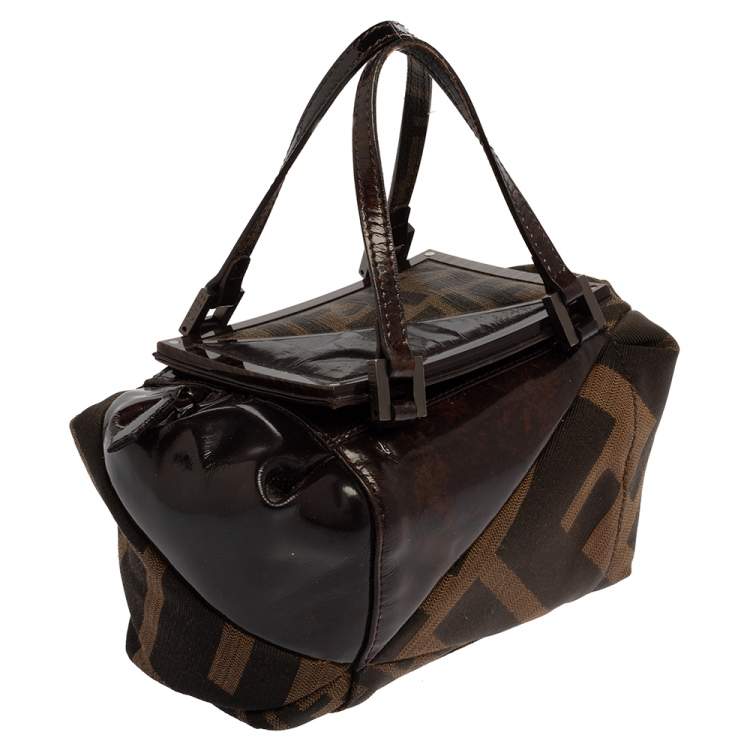 Pre Owned Fendi Brown Zucca Canvas And Tortoise Patent Leather Boston Bag