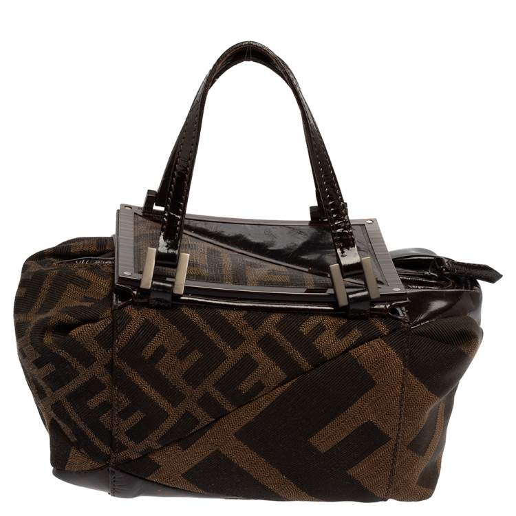 Pre Owned Fendi Brown Zucca Canvas And Tortoise Patent Leather Boston Bag