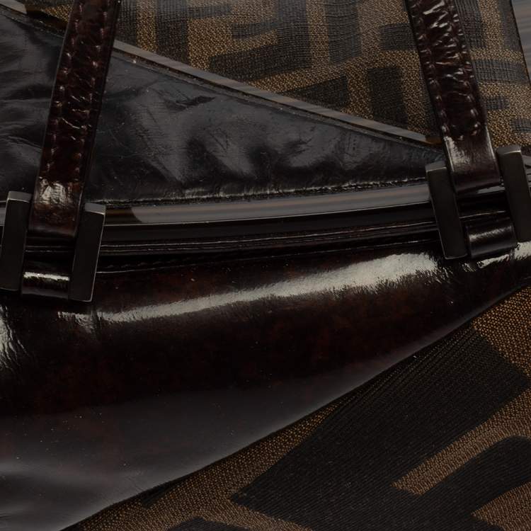 Pre Owned Fendi Brown Zucca Canvas And Tortoise Patent Leather Boston Bag