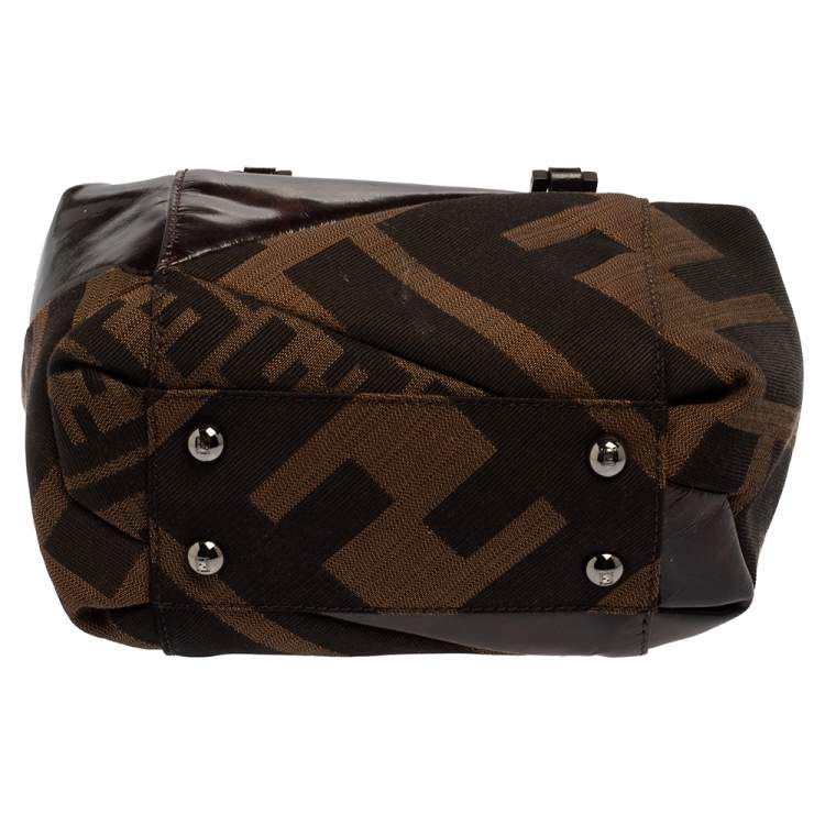 Pre Owned Fendi Brown Zucca Canvas And Tortoise Patent Leather Boston Bag